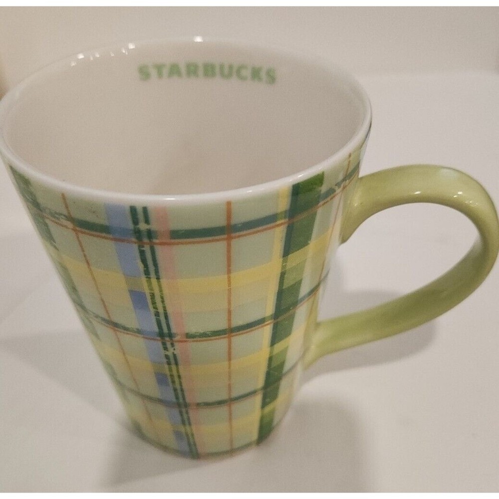 Starbucks Coffee Mug Cup 2006‎ Faded Green Plaid Blue Green Yellow Pink Orange
